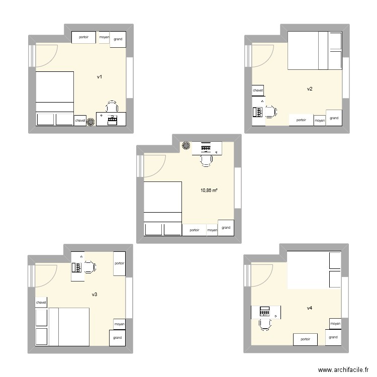 idée chambre. Plan de 5 pièces et 54 m2