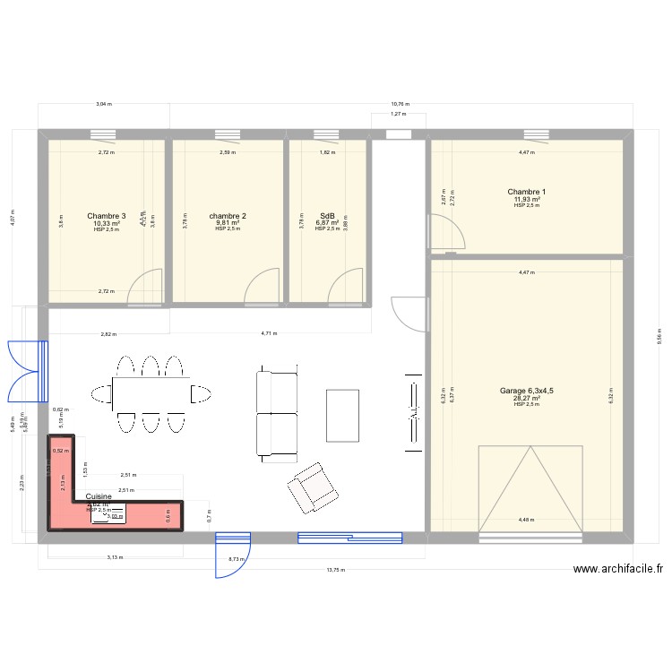 Plan Maison 1. Plan de 6 pièces et 70 m2