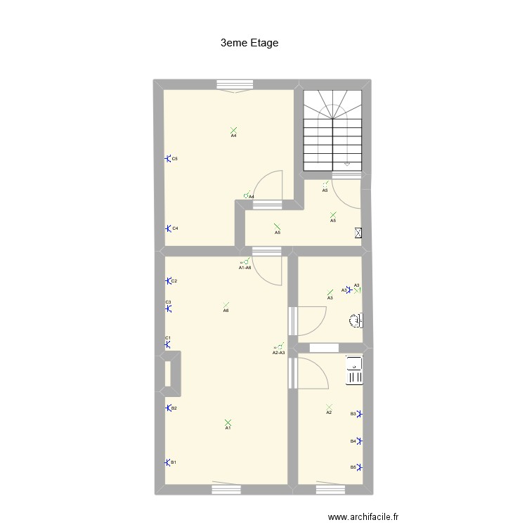 3eme étage immeuble Sainte Marguerite. Plan de 7 pièces et 52 m2