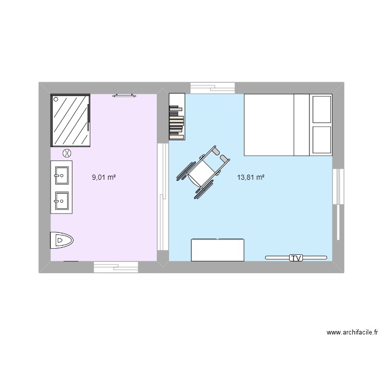 Plan chambre + sdb  normes PMR. Plan de 2 pièces et 23 m2