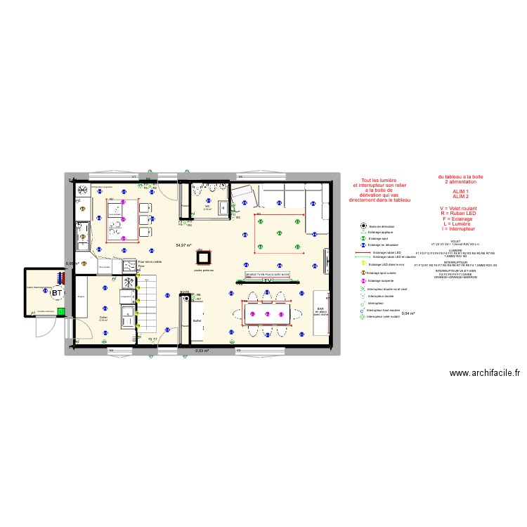 festigny MOI RDC LUMIERE ET INTERRUPTEUR. Plan de 12 pièces et 69 m2