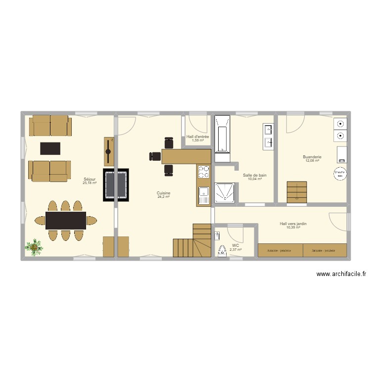 Plan fermette rez avec meubles. Plan de 7 pièces et 86 m2