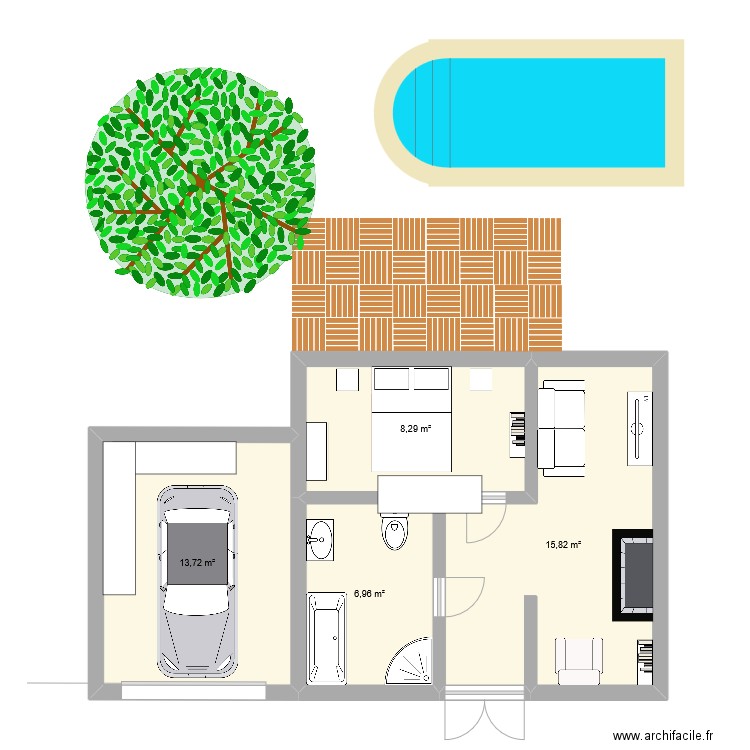 anglais. Plan de 4 pièces et 45 m2