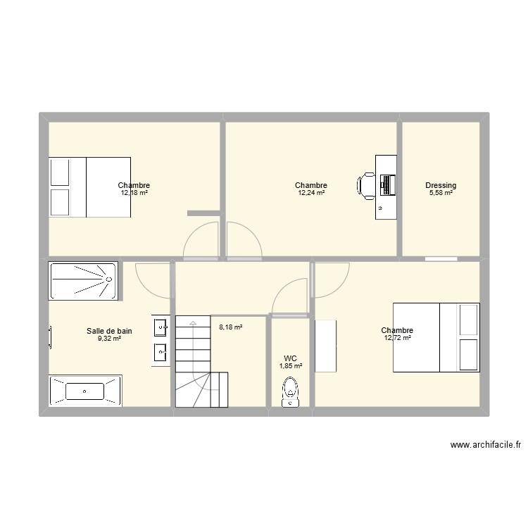 Plan étage. Plan de 7 pièces et 62 m2