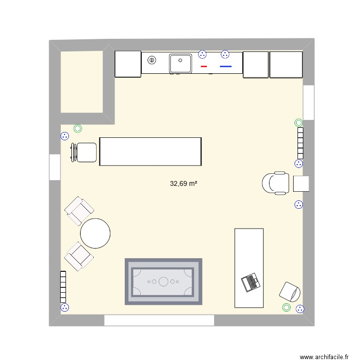 cabinet de velours. Plan de 1 pièce et 33 m2