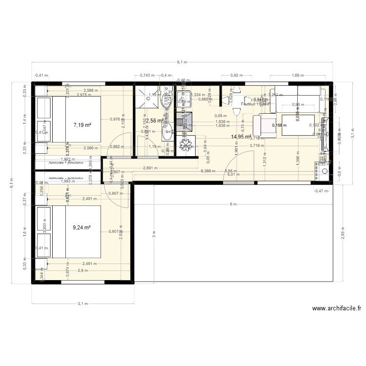 Planta. Plan de 4 pièces et 34 m2