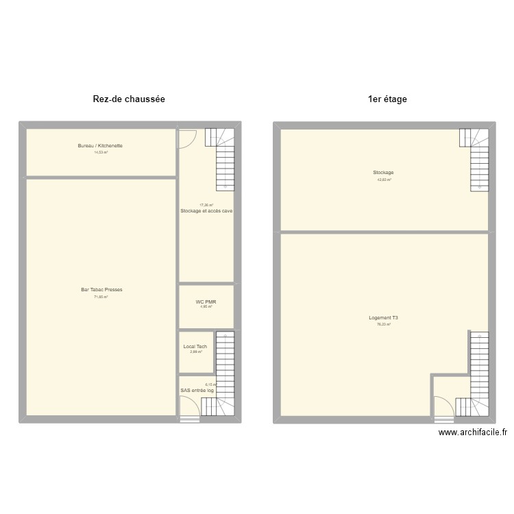 Projet Bar tabac. Plan de 8 pièces et 237 m2