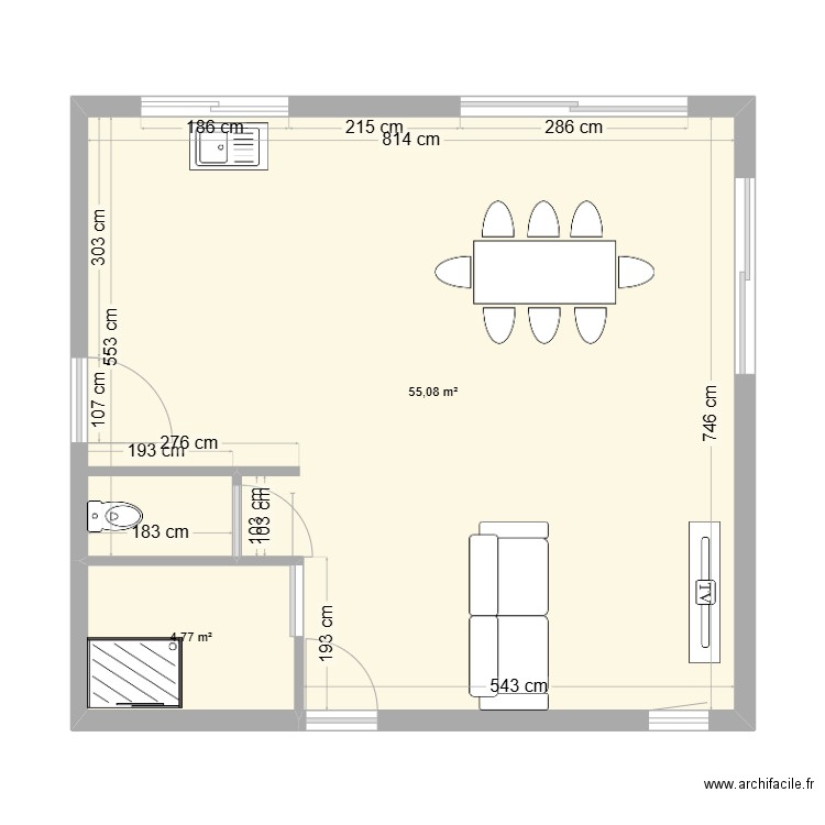 PLANS PIECE DE VIE. Plan de 2 pièces et 60 m2