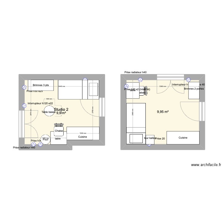 Studios 1 et 2 Lamartine meubles. Plan de 2 pièces et 20 m2