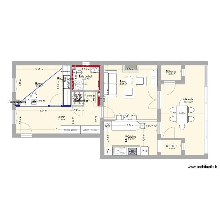 CABRERA rénovation RDC. Plan de 12 pièces et 71 m2