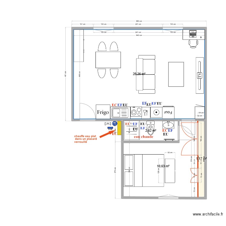 Thuillat T2 1er Projet Plomb V0. Plan de 4 pièces et 43 m2