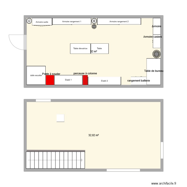 atelier. Plan de 2 pièces et 64 m2