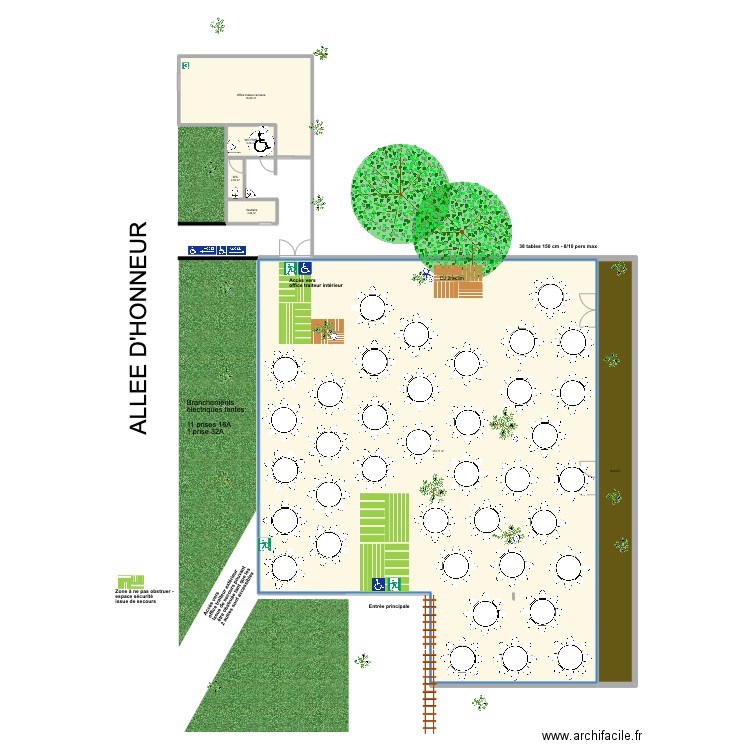 Diner et soirée 38 tables. Plan de 6 pièces et 554 m2