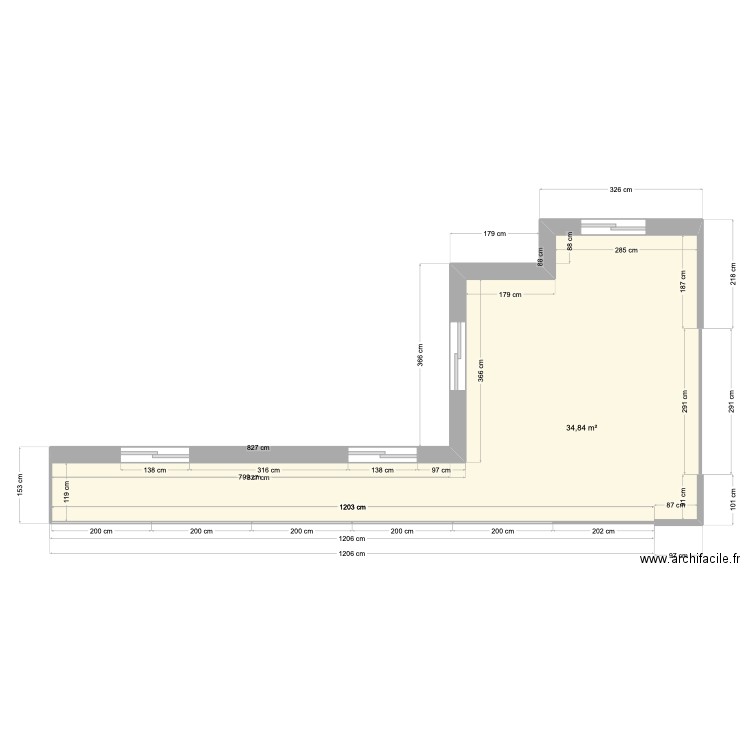 Plan terrasse et balcon. Plan de 1 pièce et 35 m2