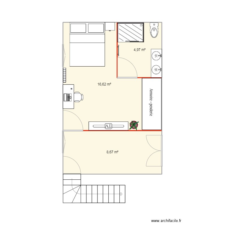 rénovation chambre. Plan de 3 pièces et 30 m2