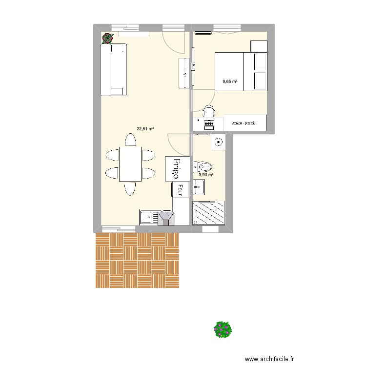 Appart brasserie. Plan de 3 pièces et 36 m2