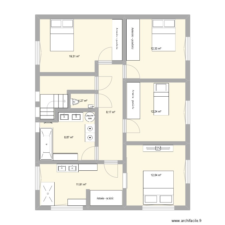 1 étage maison . Plan de 8 pièces et 86 m2