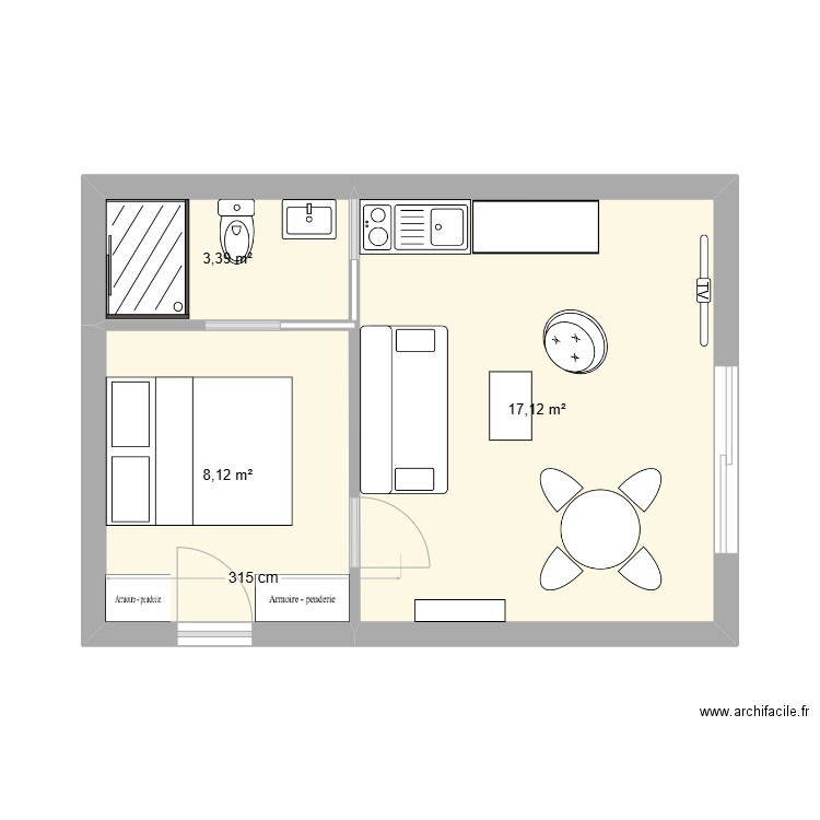 PROJET T2. Plan de 3 pièces et 29 m2