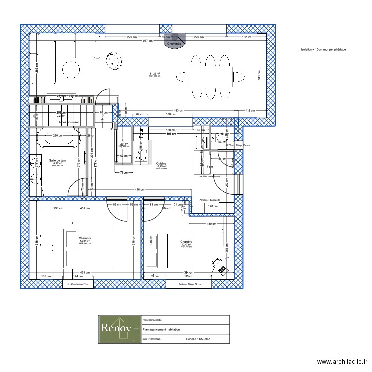 Plan agencement habitation Herouvillette v2. Plan de 7 pièces et 82 m2