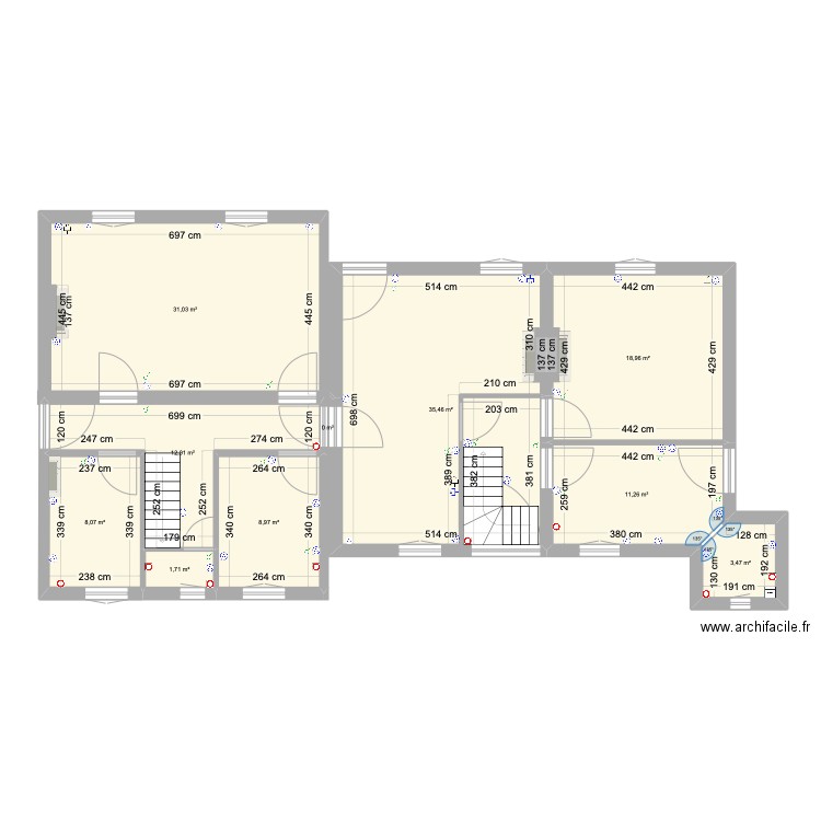 Tourelles RDC actuel. Plan de 18 pièces et 200 m2