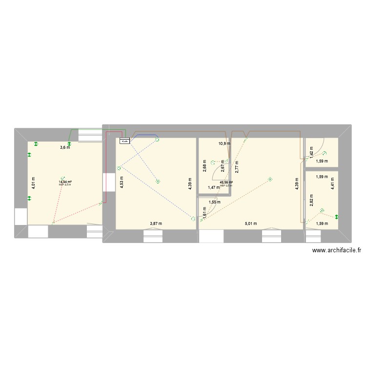 tranche 2_ éclairage. Plan de 2 pièces et 60 m2