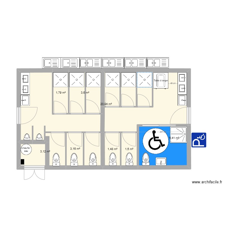 sanitaire. Plan de 8 pièces et 41 m2