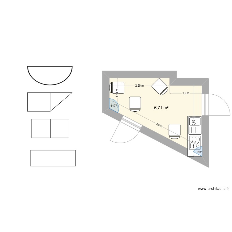 Aménagement Accroche. Plan de 1 pièce et 8 m2