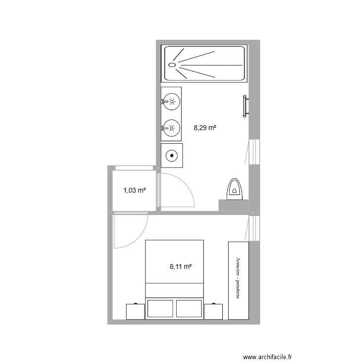 Christian et Marie-Renée n°2. Plan de 3 pièces et 17 m2