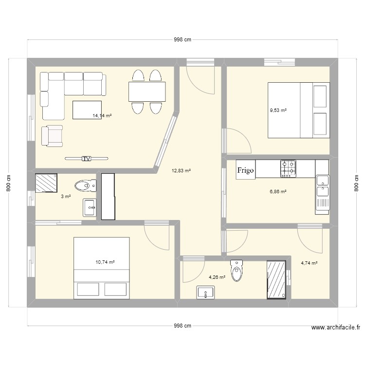 Version2. Plan de 8 pièces et 66 m2