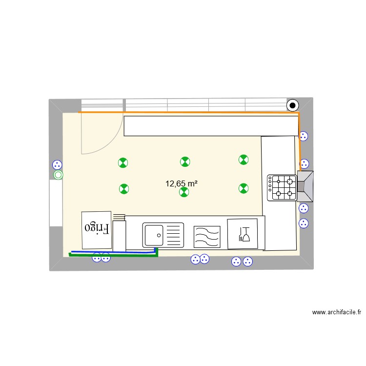 cuisine. Plan de 1 pièce et 13 m2