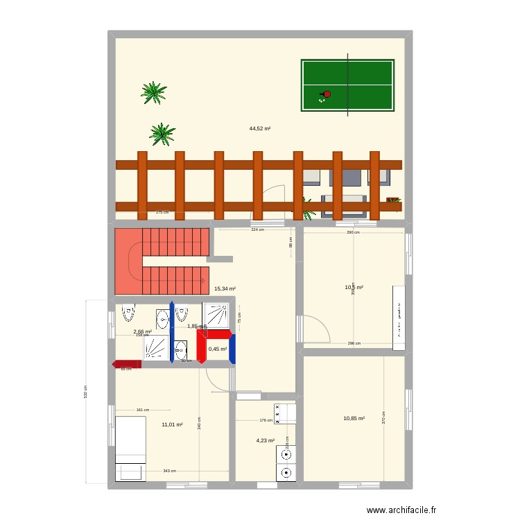 maison haut  plus,moins. Plan de 9 pièces et 101 m2