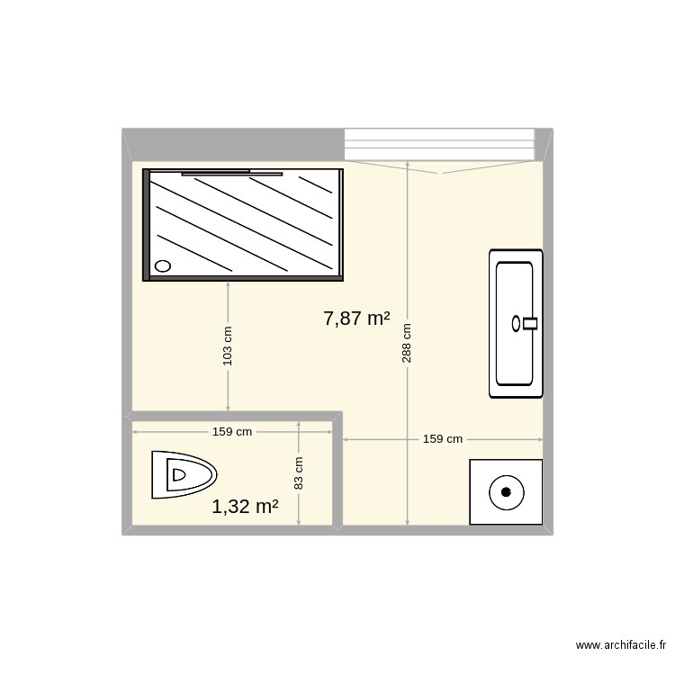 sdb. Plan de 2 pièces et 9 m2