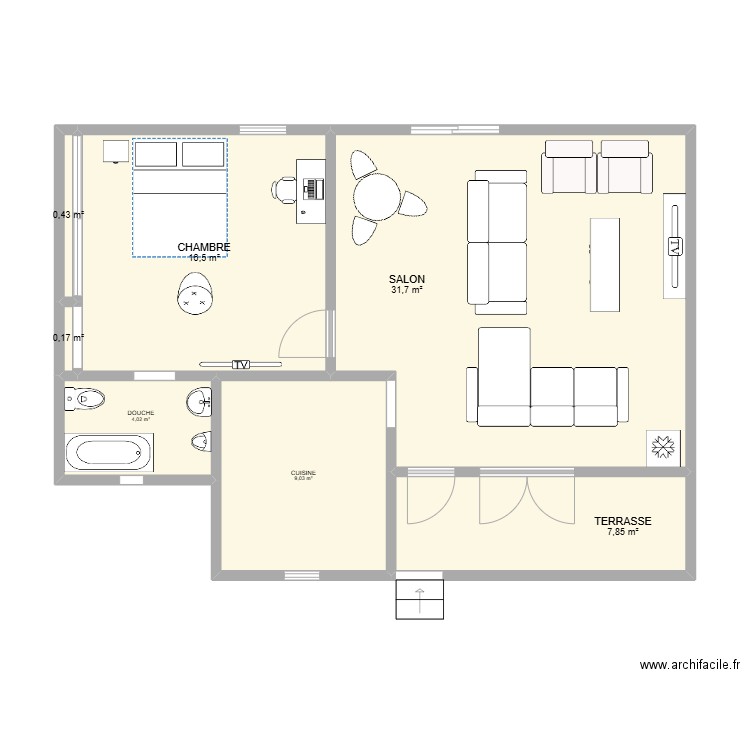 une chambre. Plan de 7 pièces et 70 m2