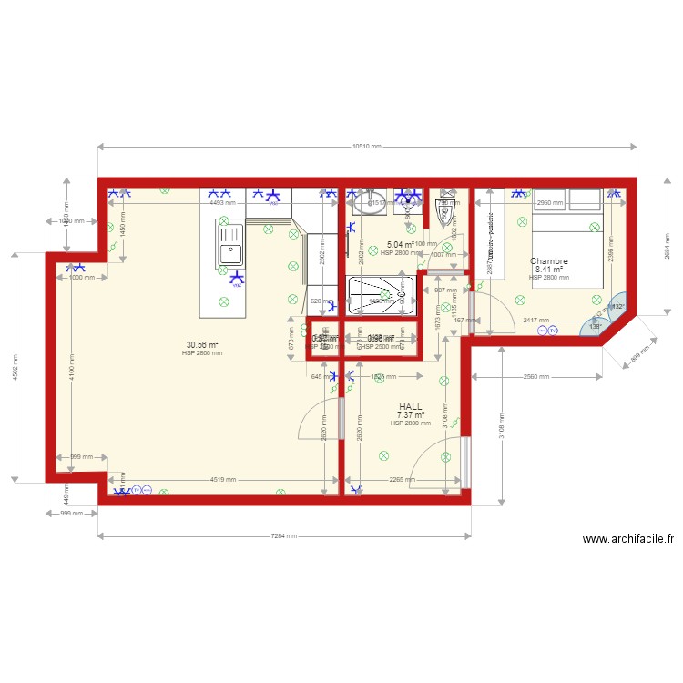 FLAT CENTRAL ELECTRICITE. Plan de 6 pièces et 53 m2