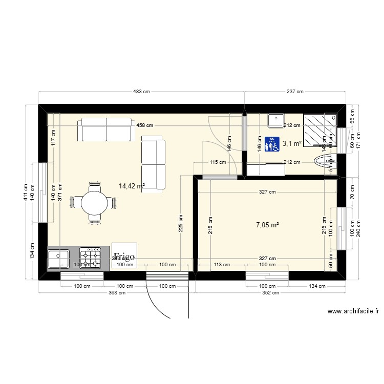 Plan chafik 1. Plan de 3 pièces et 25 m2