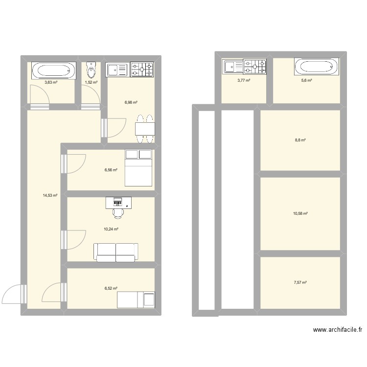 Appart Loïs + Appart Olga. Plan de 12 pièces et 86 m2