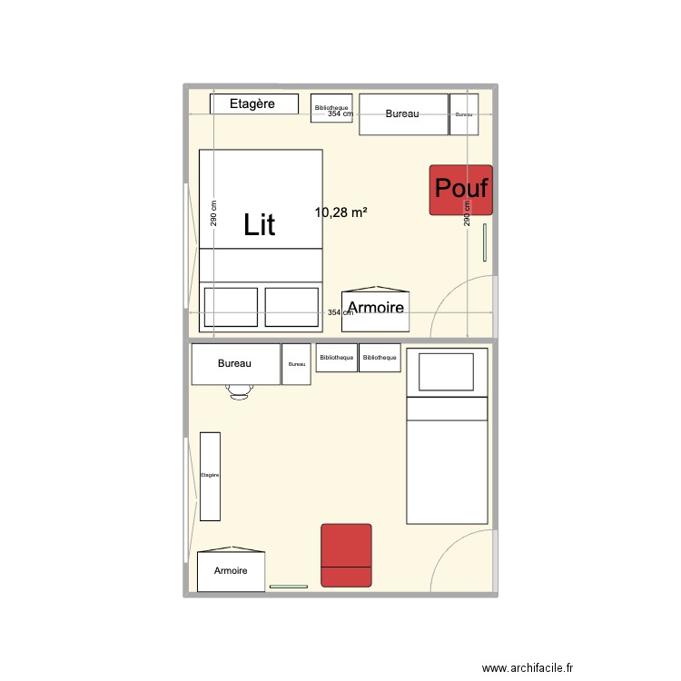 chambre. Plan de 2 pièces et 21 m2