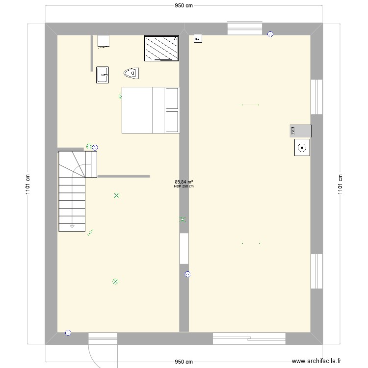 rdc. Plan de 1 pièce et 86 m2