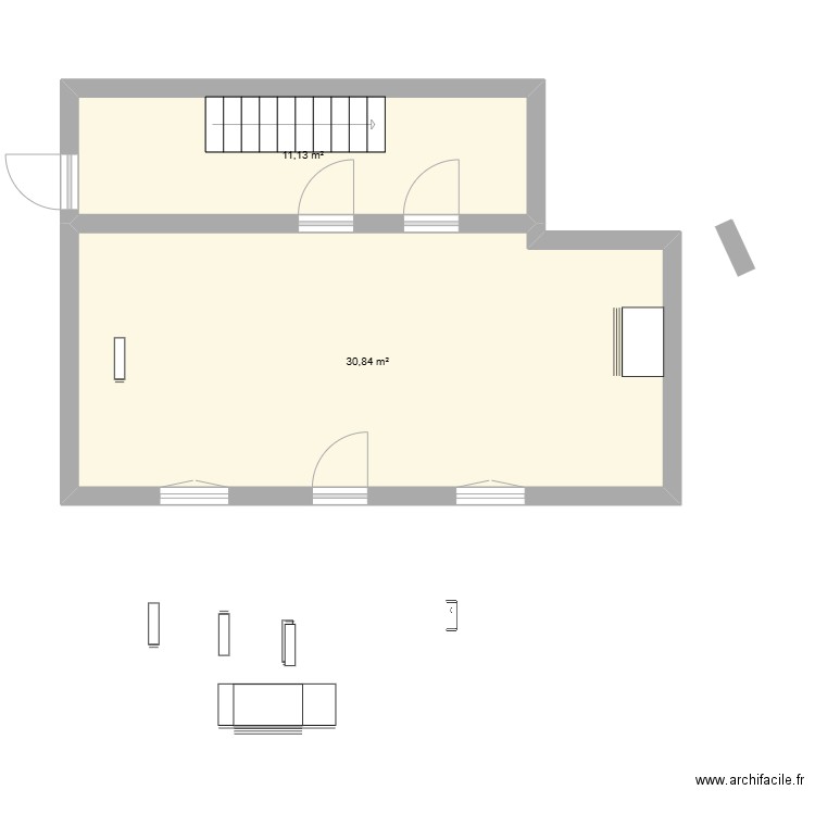 RDC. Plan de 2 pièces et 42 m2