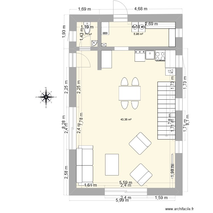 Etage. Plan de 3 pièces et 51 m2