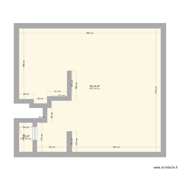 rdc maison. Plan de 2 pièces et 61 m2