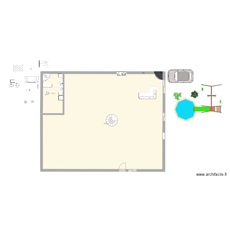 Rez murs portes fenêtres. Plan de 2 pièces et 160 m2