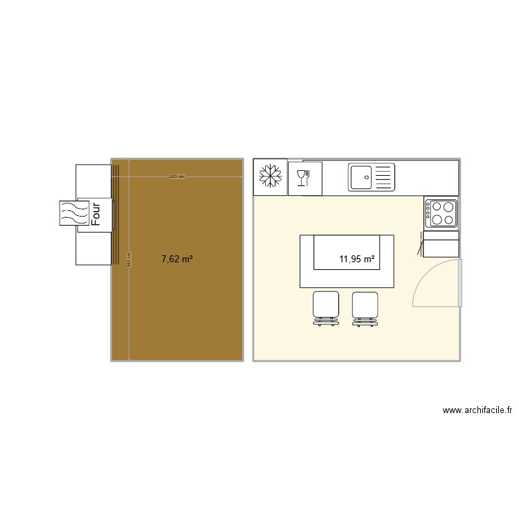 cuisine Sayada. Plan de 2 pièces et 20 m2