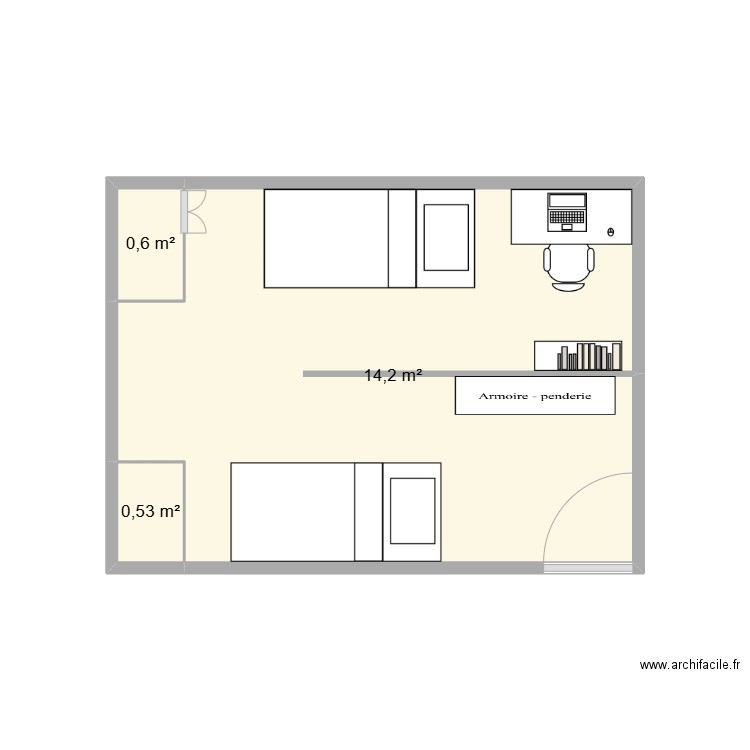 plan cloison en long 2 lits. Plan de 3 pièces et 15 m2