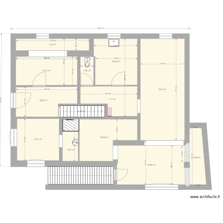 Plan RDC. Plan de 13 pièces et 108 m2