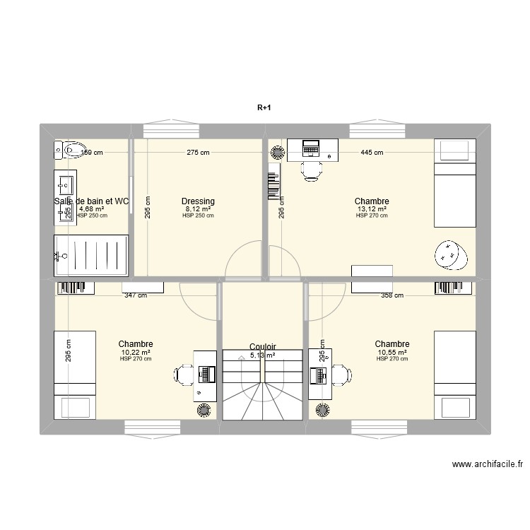 Niveau R+1. Plan de 6 pièces et 52 m2