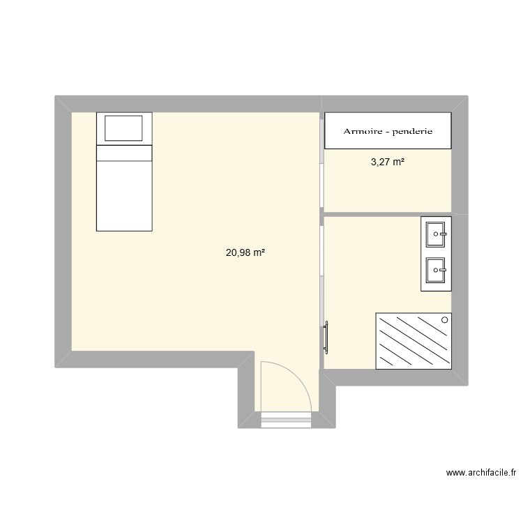 chambre 3 avec dressing et lit 90. Plan de 2 pièces et 24 m2