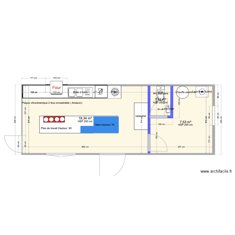 Cuisine 28.07.28. Plan de 3 pièces et 27 m2