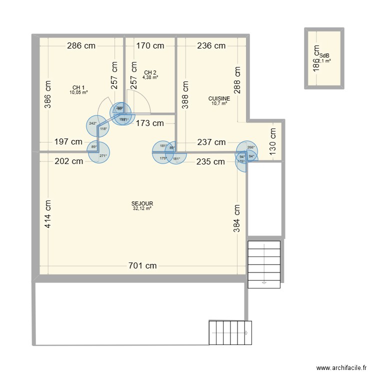 chalet modifié. Plan de 5 pièces et 59 m2