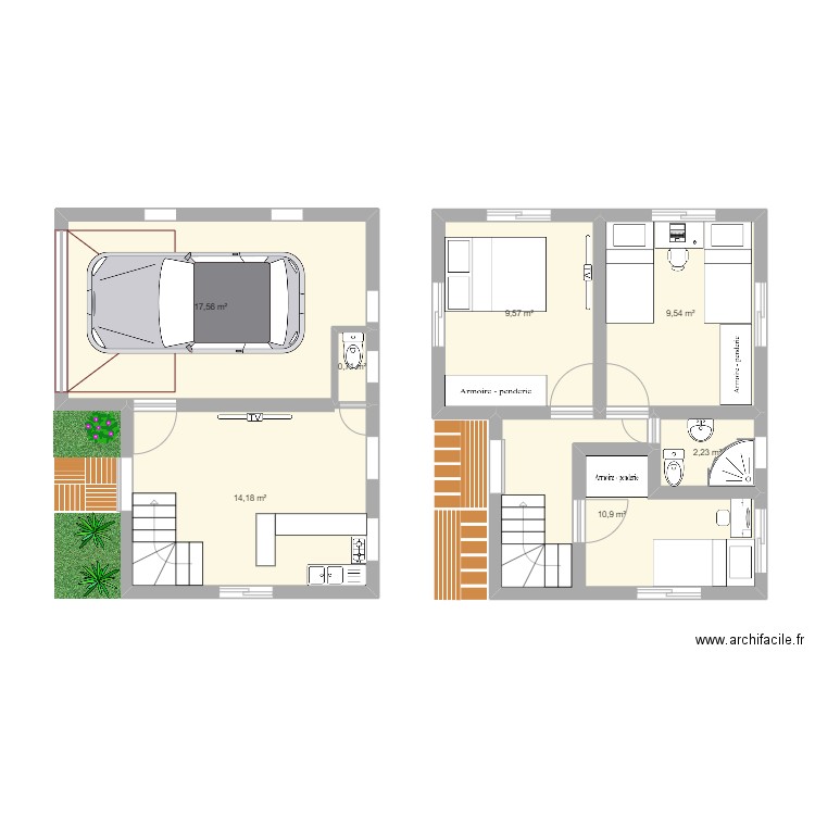 and RC. Plan de 7 pièces et 65 m2